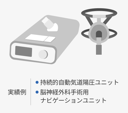 実績例 ・持続的⾃動気道陽圧ユニット ・脳神経外科⼿術⽤ナビゲーションユニット